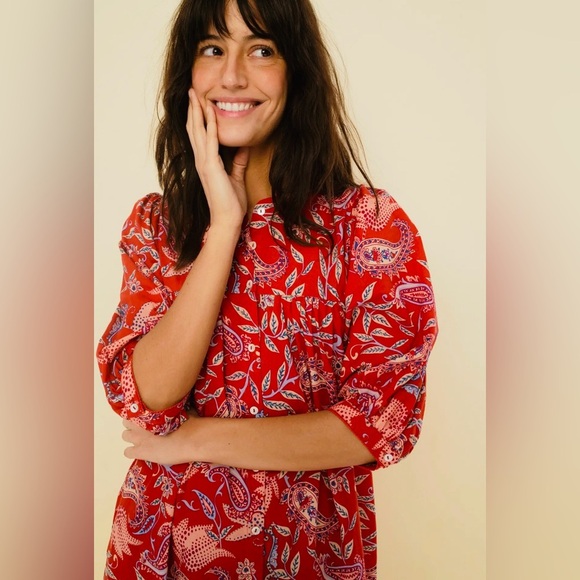 Red Paisley Print Cotton Boho Maxi fair trade vegan Button Down Dress - Picture 2 of 5